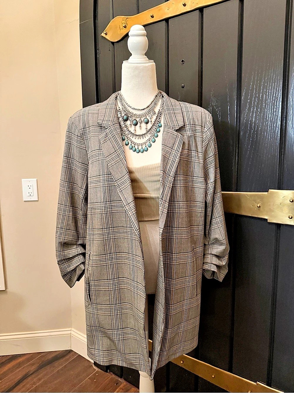 New Rachel Zoe Woman’s Plaid Blazer Ruched Sleeve Suit Jacket Coat Sz XL